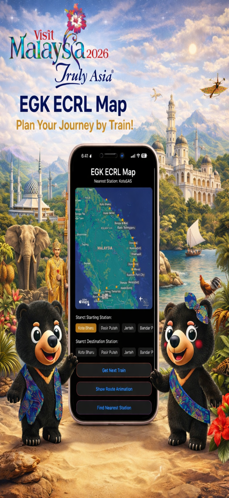 EGK ECRL Map - An iPhone displaying the EGK ECRL Map app interface over a colorful background promoting Malaysian tourism with mascots and local landmarks