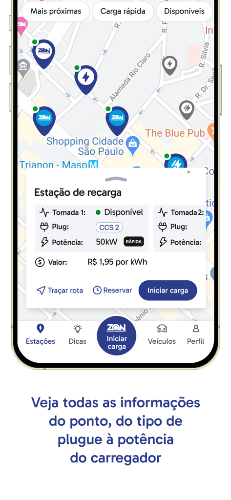 ZON Charge - 모바일 앱 인터페이스에 EV 충전소가 있는 지도와 선택한 충전기의 상세 기술 사양 표시