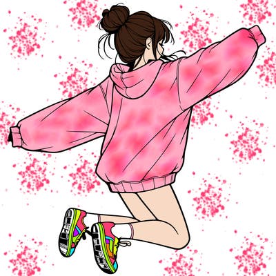 realistic girl jumping with a bun and oversized sweatshirt