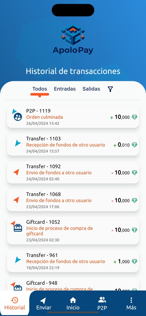 Apolo Pay - Pantalla de historial de transacciones de la aplicación de billetera digital Apolo Pay que muestra una lista de transferencias recientes y actividad P2P.