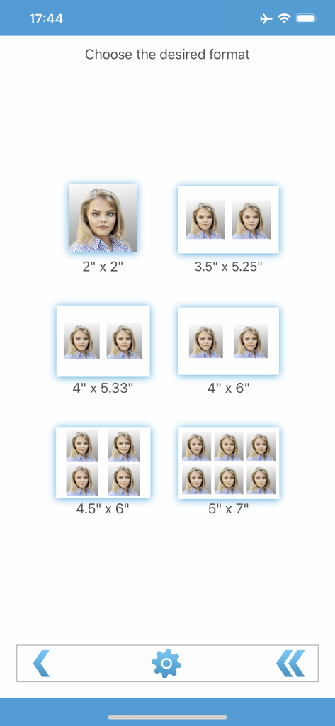 Biometric Passport Photo - A selection screen showing various passport photo print layouts and paper sizes