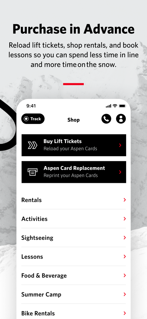Aspen Snowmass App - Aspen Snowmass App shop interface for purchasing lift tickets and rentals