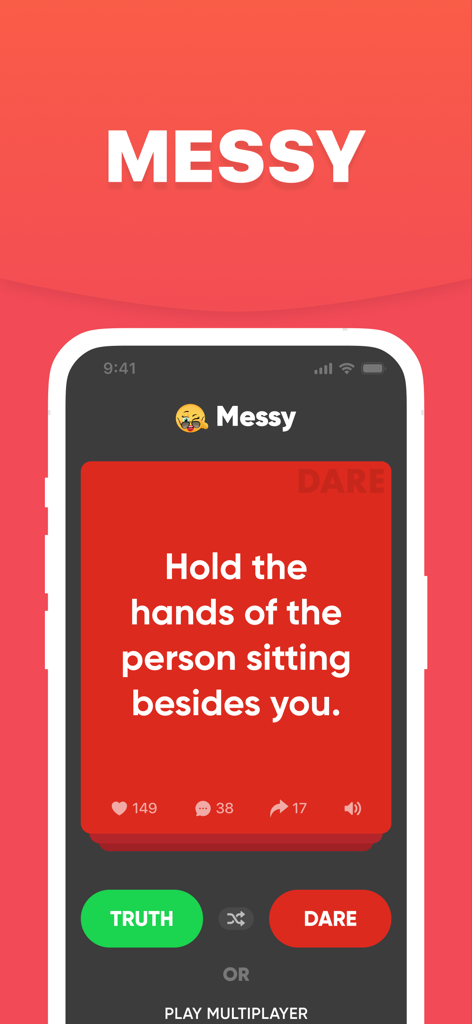 Truth or Dare Teen Party Games - A mobile phone screen showing a messy level dare card from the Truth or Dare party game app