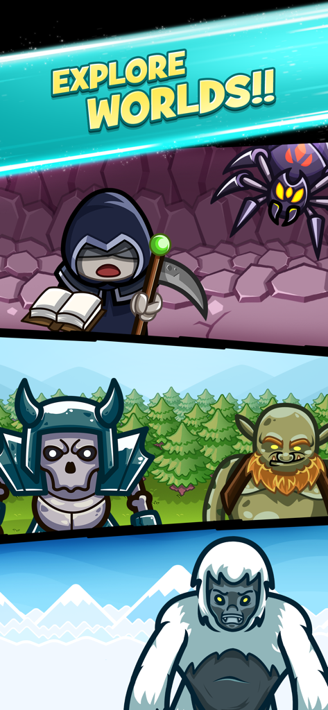 A montage of different game environments and enemy types in Merge Kingdoms Tower Defense showing a necromancer, skeleton, and yeti.