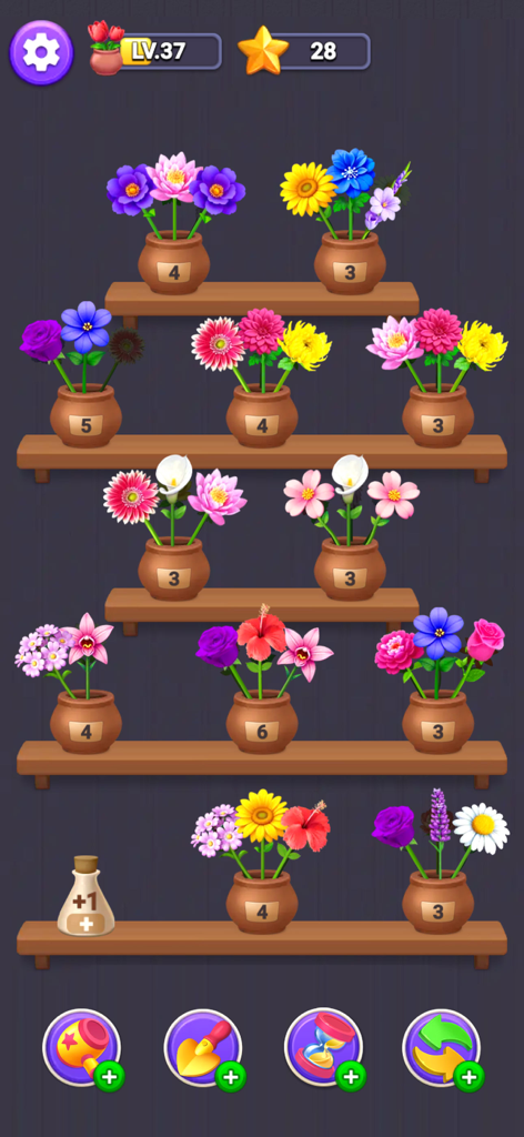 Flower Merge - Blossom Games - Flower Merge gameplay showing colorful flower pots on wooden shelves