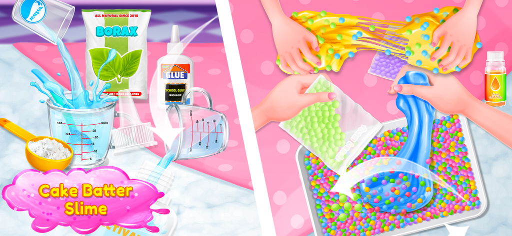 Fluffy Slime DIY Maker - Interface do aplicativo Fabricante de Slime Fofo DIY mostrando ingredientes para slime de massa de bolo e mãos esticando slime colorido com bolinhas de espuma