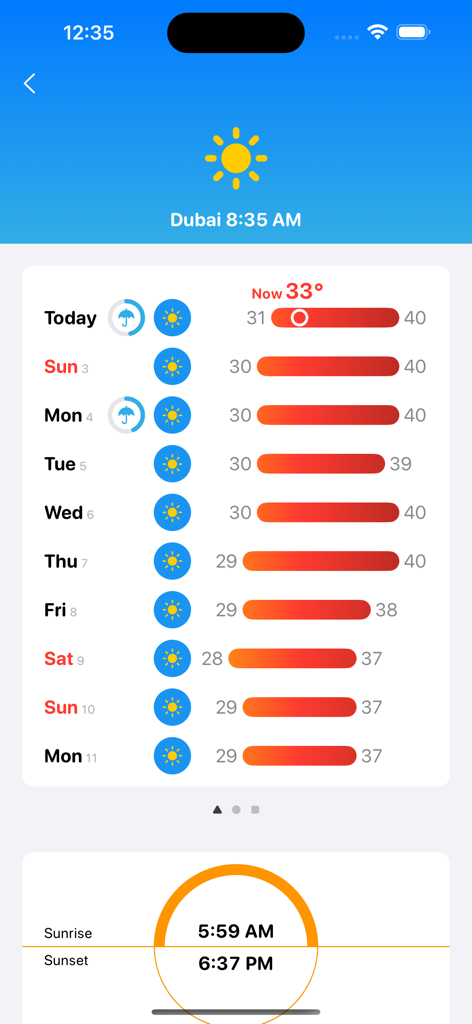 Four Seasons: Weather Forecast - Una interfaz de pronóstico meteorológico de 10 días para Dubái con coloridas barras de temperatura arcoíris y horas de salida y puesta del sol.