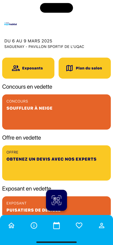 expo habitat Saguenay - エクスポ・ハビタ・サグネアプリのホーム画面。出展者、フロアプラン、注目のコンテストのボタンが表示されています。
