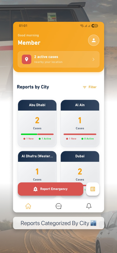 إنقاذ اﻹمارات - Emirates Rescue mobile app interface showing active emergency reports categorized by UAE cities like Abu Dhabi and Dubai