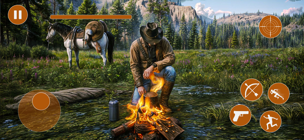 Cowboy Horse Racing Games Sim - Cowboy character kneeling by a campfire next to his horse in a forest landscape with game controls
