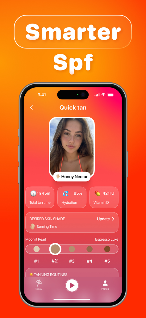 Beam Tanning - Get Tan Fast - Interface of Beam Tanning app displaying a custom tanning routine with skin shade selector and hydration tracking