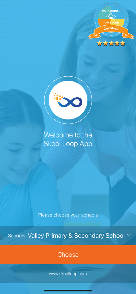 Skool Loop app welcome screen with school selection dropdown and educational certification badge