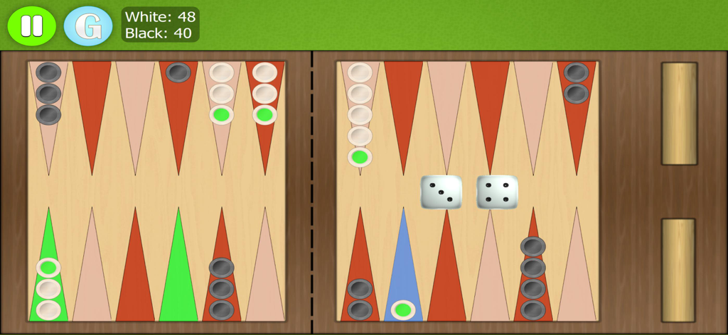 Classic backgammon game board with white and black pieces and dice shown in the Backgammon Ultimate app.