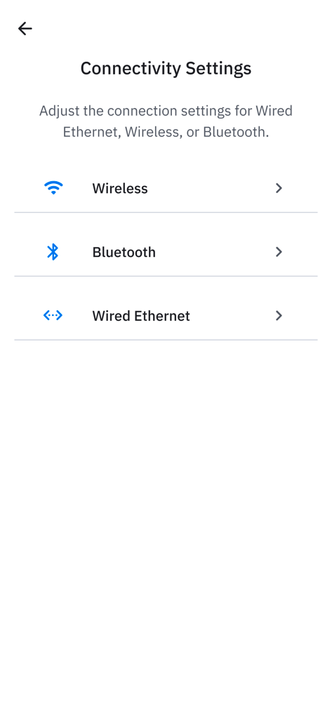Zebra Printer Setup Utility v3 - Connectivity settings screen in Zebra Printer Setup Utility app showing Wireless Bluetooth and Wired Ethernet options