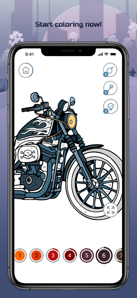 Cars Color By Number - A motorcycle coloring page being filled in by number within the mobile app interface.