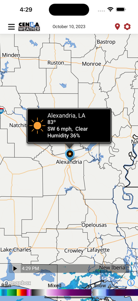 Interactive weather map showing current conditions for Alexandria Louisiana in the CenLa Weather app