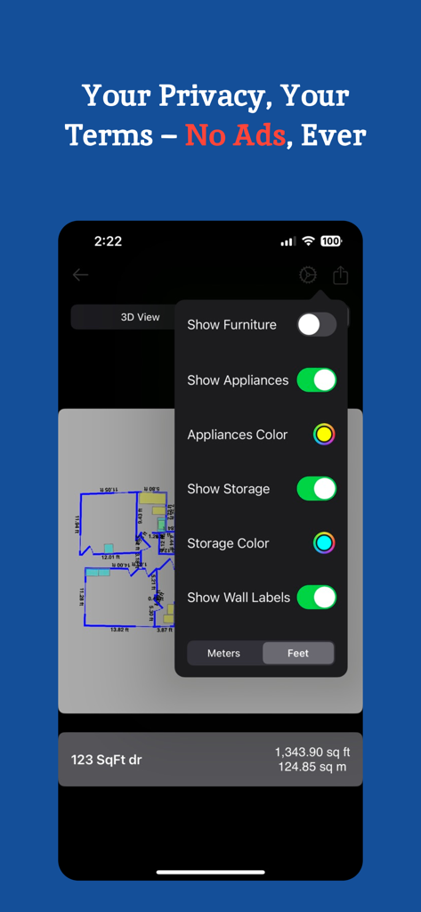 Area Calculator Floor Planner - Interface do aplicativo planejador de pisos mostrando configurações de personalização para móveis, eletrodomésticos e rótulos de paredes sobre um mapa 2D