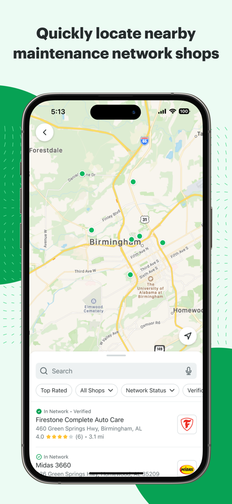 A map interface in the Fleetio Go app showing nearby verified maintenance network shops and service centers.