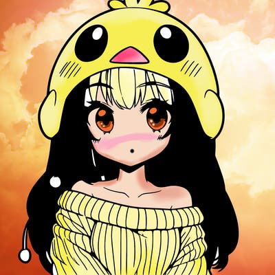 anime girl with chick shaped hat with sweater with bare shoulders with bangs covering them one eye with low tail