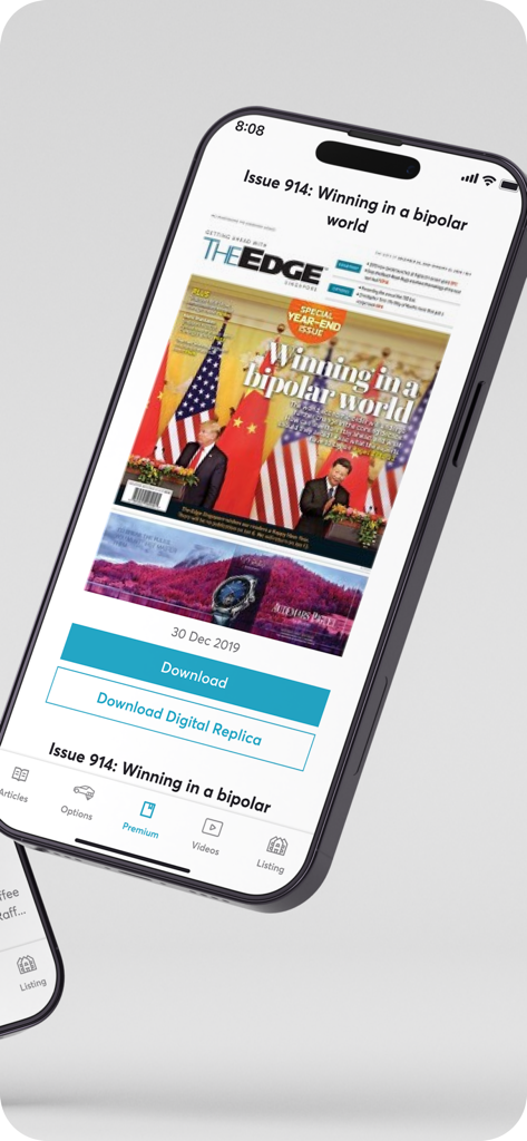 Smartphone displaying The Edge Singapore app with a magazine issue cover and download buttons.