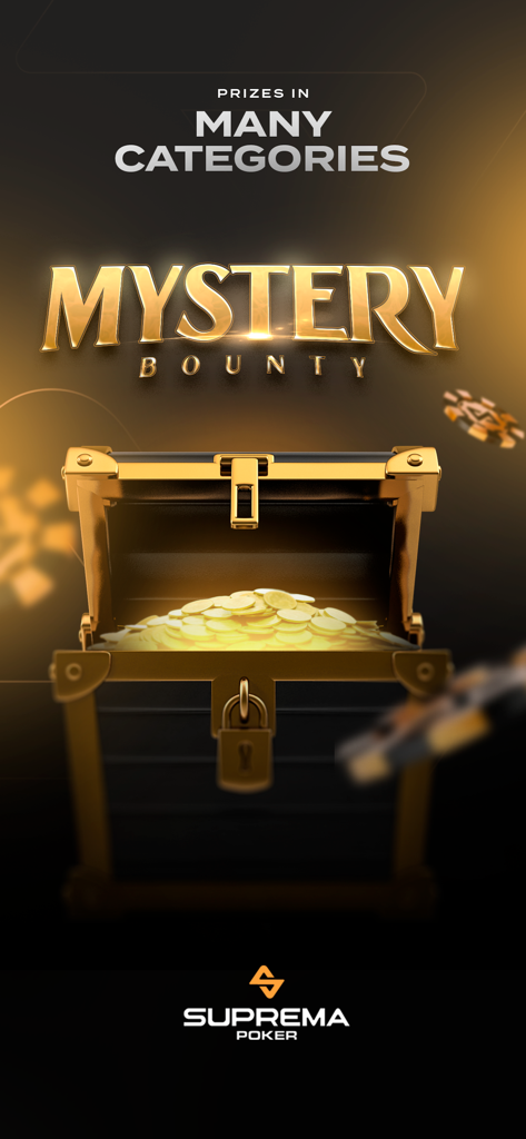 Suprema Poker - A golden treasure chest filled with coins representing mystery bounty prizes in the Suprema Poker app