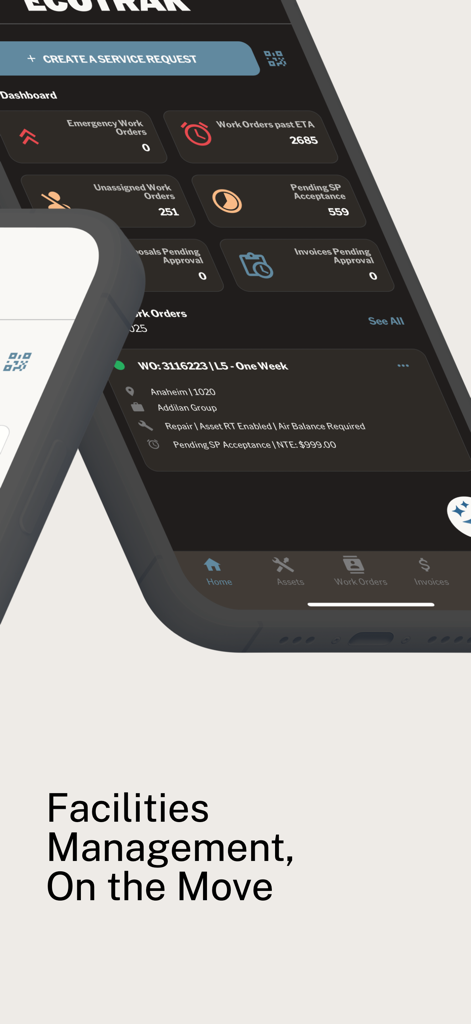 Ecotrak - Ecotrak facility management mobile app dashboard displaying real time work order metrics