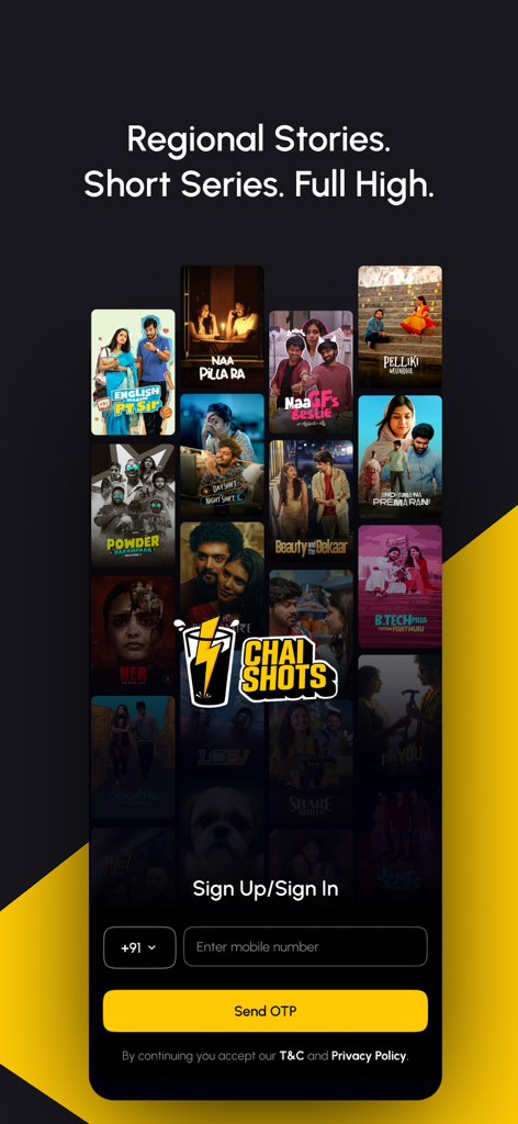 Chai Shots - Short Series OTT - Chai Shots app sign in screen with a grid of regional short series posters and a mobile number login form.