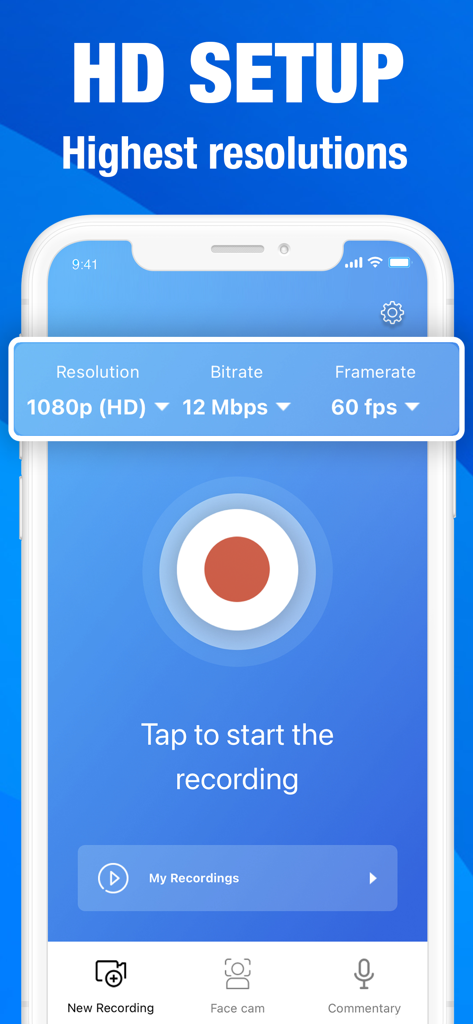 Screen recorder. Recording app - Screen recorder app interface showing customizable HD settings including 1080p resolution and 60 fps framerate
