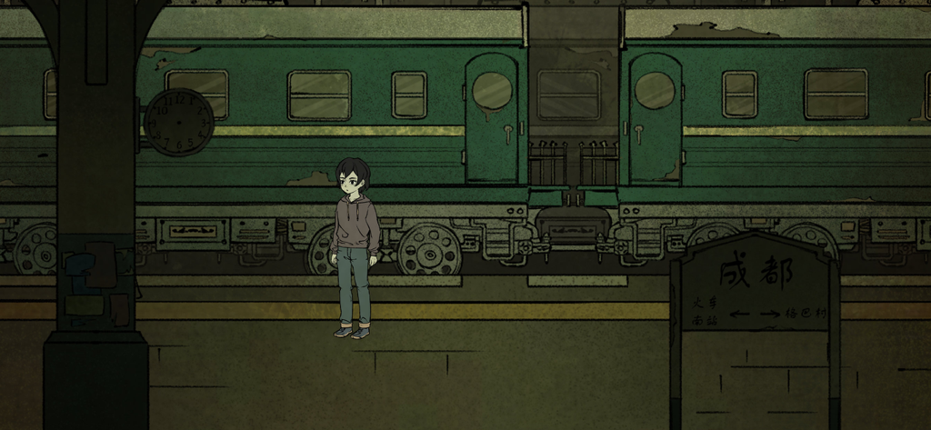 The Bride - Uma personagem está em uma plataforma de trem ao lado de um vagão de passageiros verde no jogo de terror The Bride.