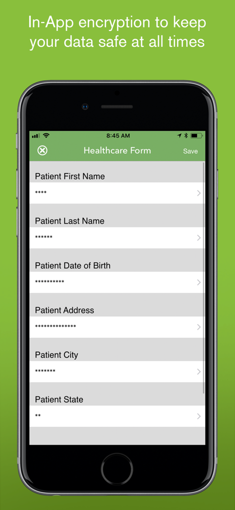 iForm - iForm mobile app interface showing a secure healthcare form with masked data fields and a caption highlighting in-app encryption