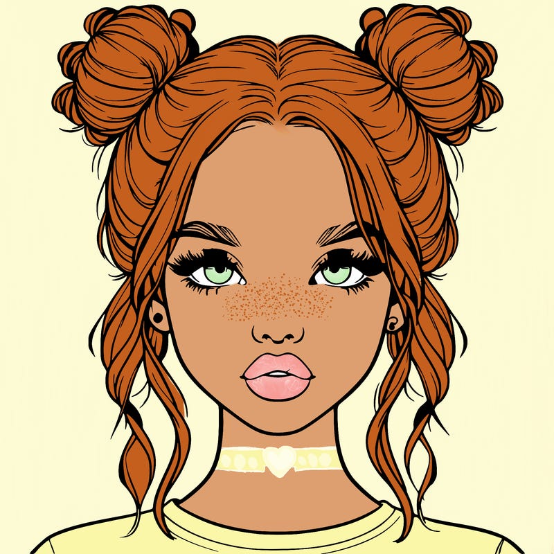 realistic girl with two buns in hair and lips
