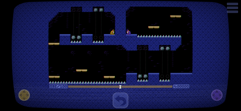 Ambidextro - Jugabilidad de pantalla dividida de Ambidextro que muestra dos personajes magos navegando por un nivel retro de fantasía oscura con pinchos y sierras