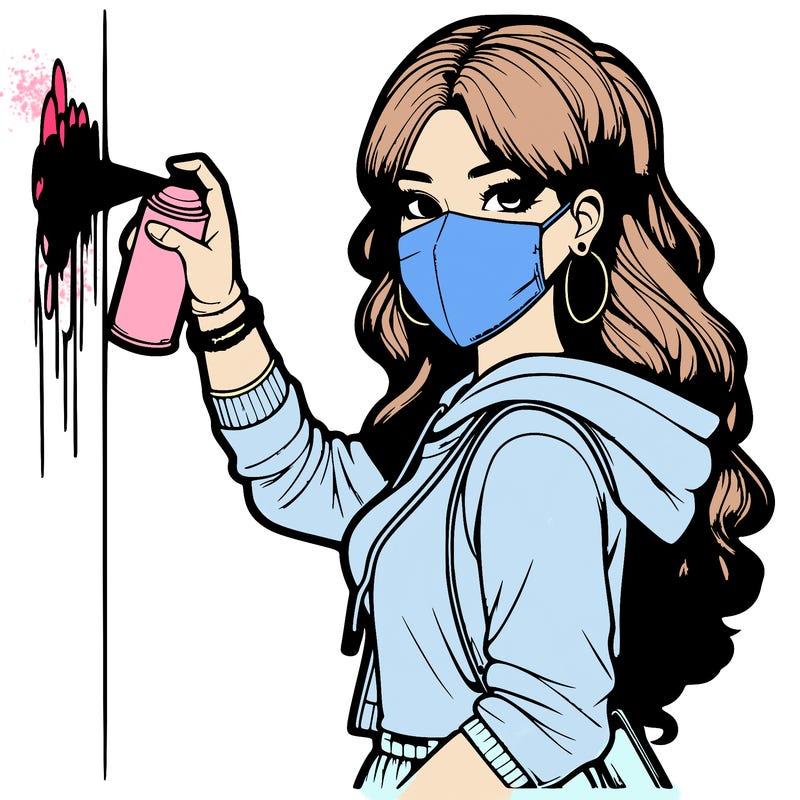 realistic girl with mask spray painting a wall