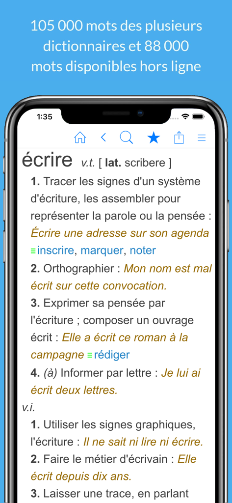 Dictionnaire Français. - Interface of the Dictionnaire Français app showing the definition and usage of the word écrire