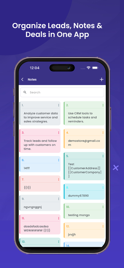 365 CRM - 365 CRM mobile app interface showing colorful notes for lead and deal organization