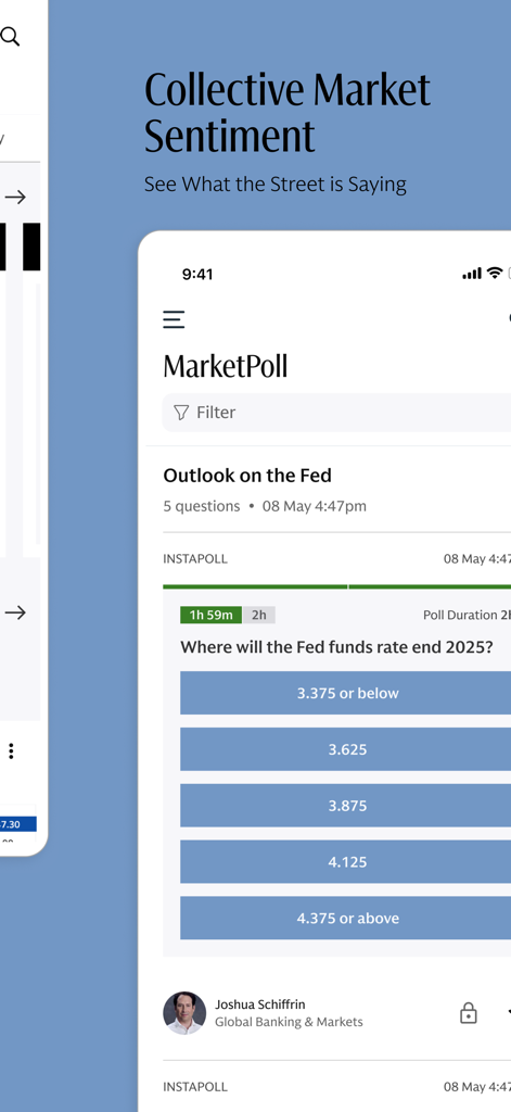 Goldman Sachs Marquee app screen showing a MarketPoll about the Federal Reserve funds rate outlook.