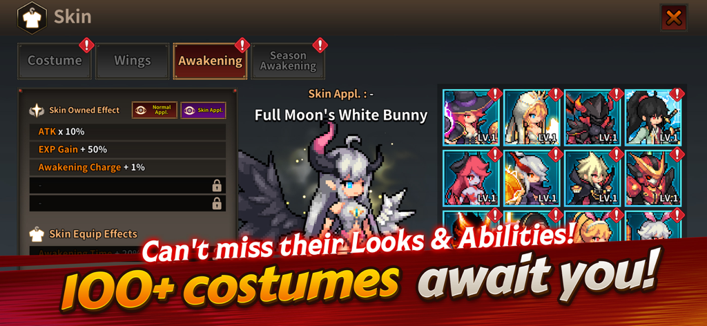 Demigod Idle: Rise of a legend - In-game menu showing various character skins and costumes in Demigod Idle Rise of a Legend