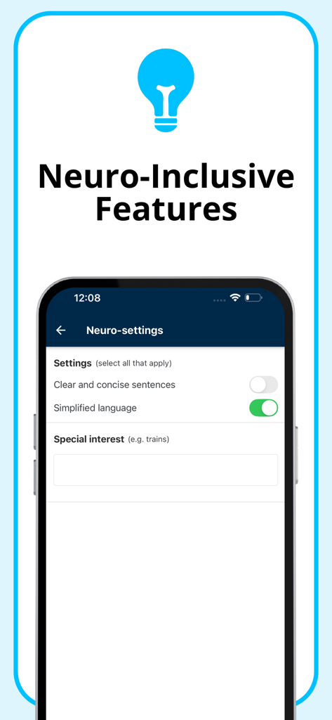AYOA - Mind Mapping - AYOA app neuro-inclusive settings screen featuring simplified language and special interest options.