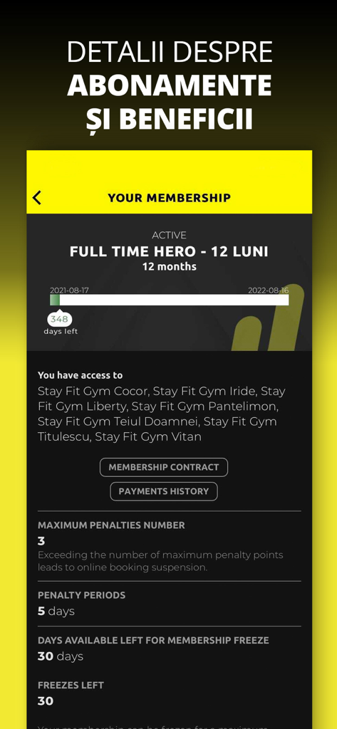 Stay Fit Gym app screen showing active membership status and account benefits