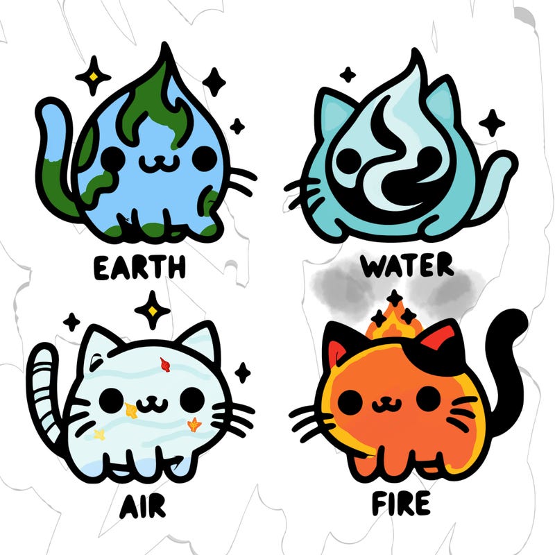 4 cats that represent the different elements, earth, water, air, and fire