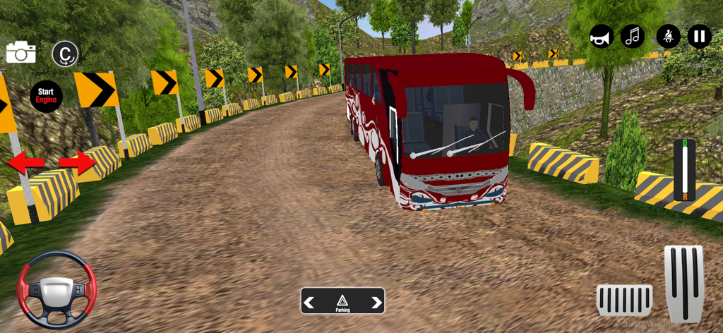 Coach Bus Simulation Games 3D - A red coach bus driving on a winding mountain road with mobile game controls displayed