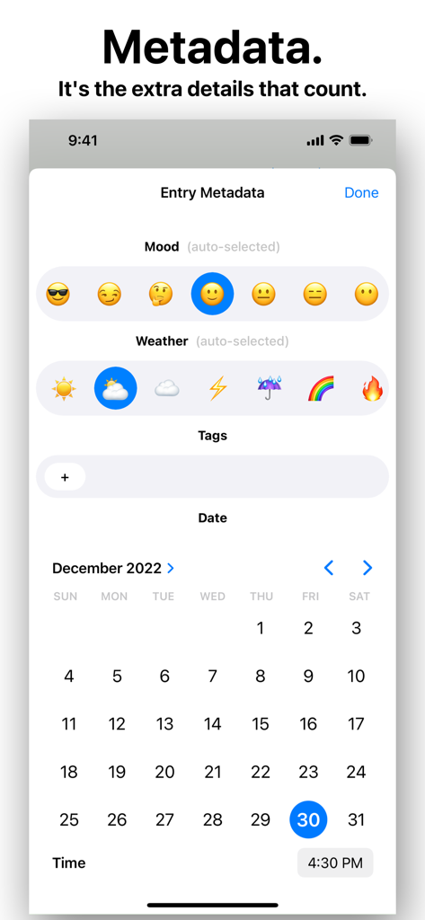 Personal Diary (Journal) App - Interfaz para añadir metadatos de estado de ánimo, clima y fecha a una entrada de diario personal
