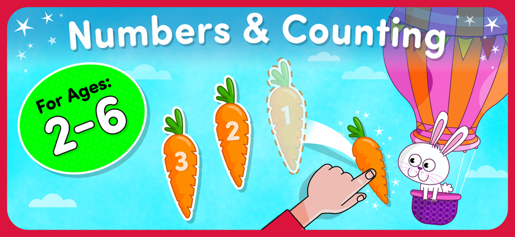 Pantalla de un juego de matemáticas educativo para niños para aprender números y contar con un conejo en un globo aerostático y zanahorias numeradas.