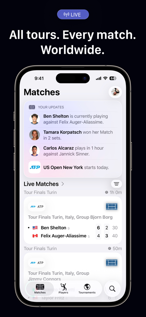 Court One: Tennis Scores - Court One app dashboard showing live tennis match scores and player updates