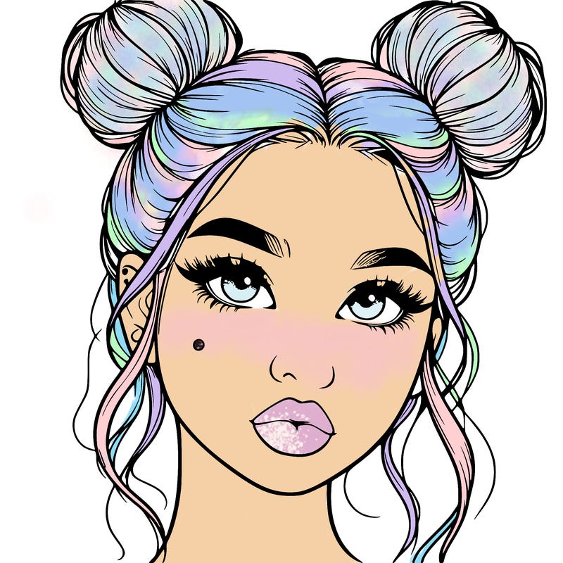 realistic girl with two buns on her hair and lips