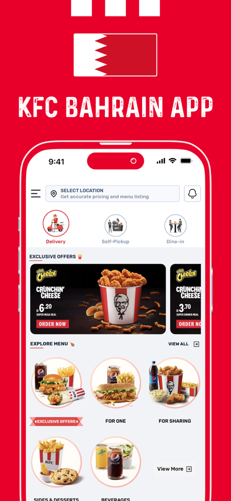 Interface of the KFC Bahrain mobile app showing exclusive offers and the food menu categories.