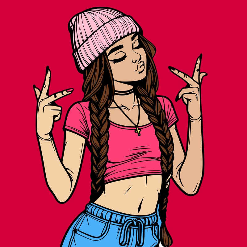 realistic teenage girl with braids and a beanie and crop top doing 🫶🏼