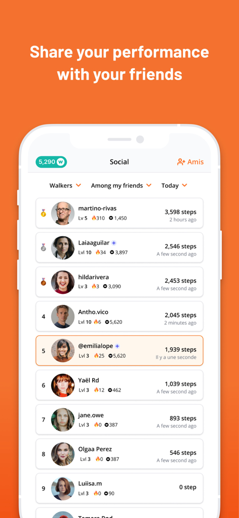 WeWard - Walking Rewards App - Una pantalla de clasificación en la aplicación WeWard que muestra los recuentos de pasos diarios y las clasificaciones de los amigos