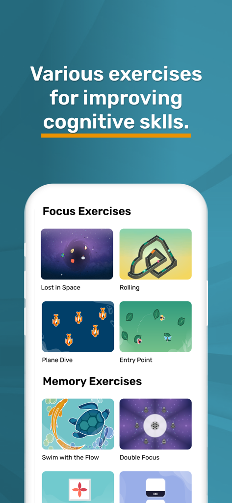 Effectivate – Brain Training - Interfaz de la aplicación Effectivate que muestra varios ejercicios de concentración y memoria para mejorar las habilidades cognitivas