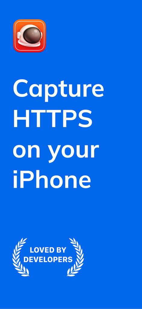 Pantalla promocional de la app Proxyman con el texto Capture HTTPS on your iPhone y un laurel que dice Loved by Developers